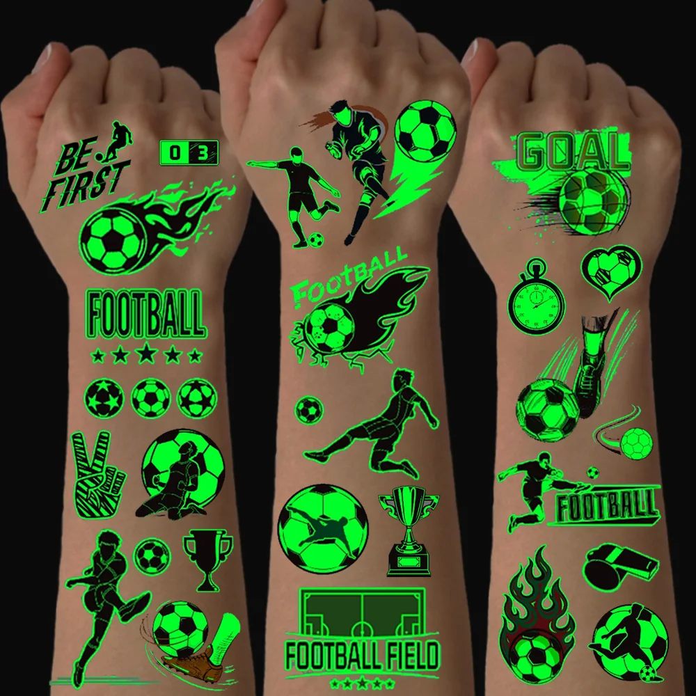 10 Sheets Luminous Soccer Temporary Tattoos Waterproof Football Face Stickers Multi Pattern Fan Party Sports Events Decor
