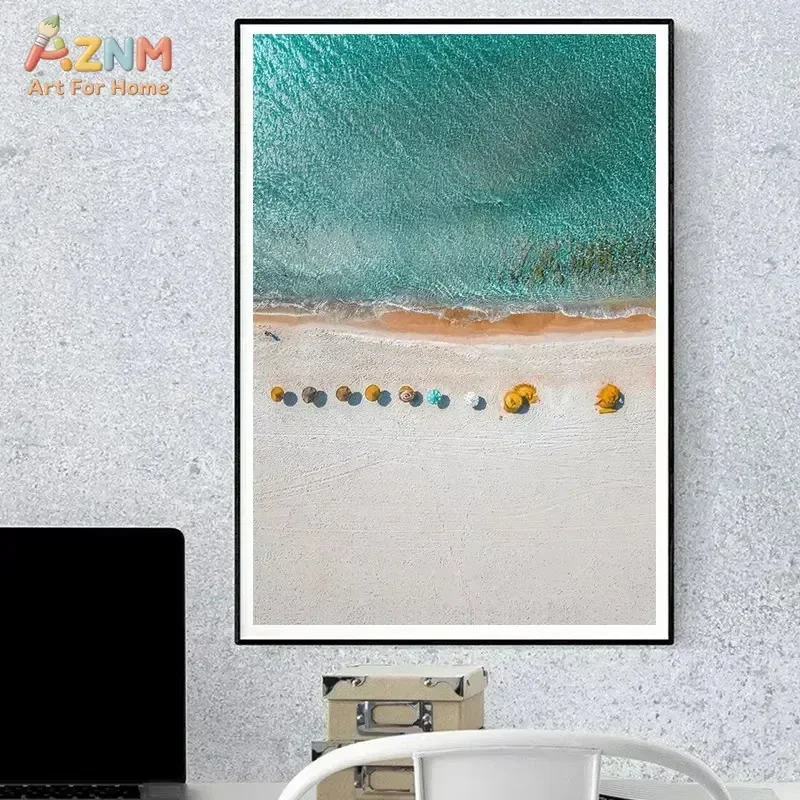 AZNM Frameless Canvas Poster Aerial Ocean Beach Print, Turquoise Sea Surfing Wave Seascape Photography Wall Picture for Living R