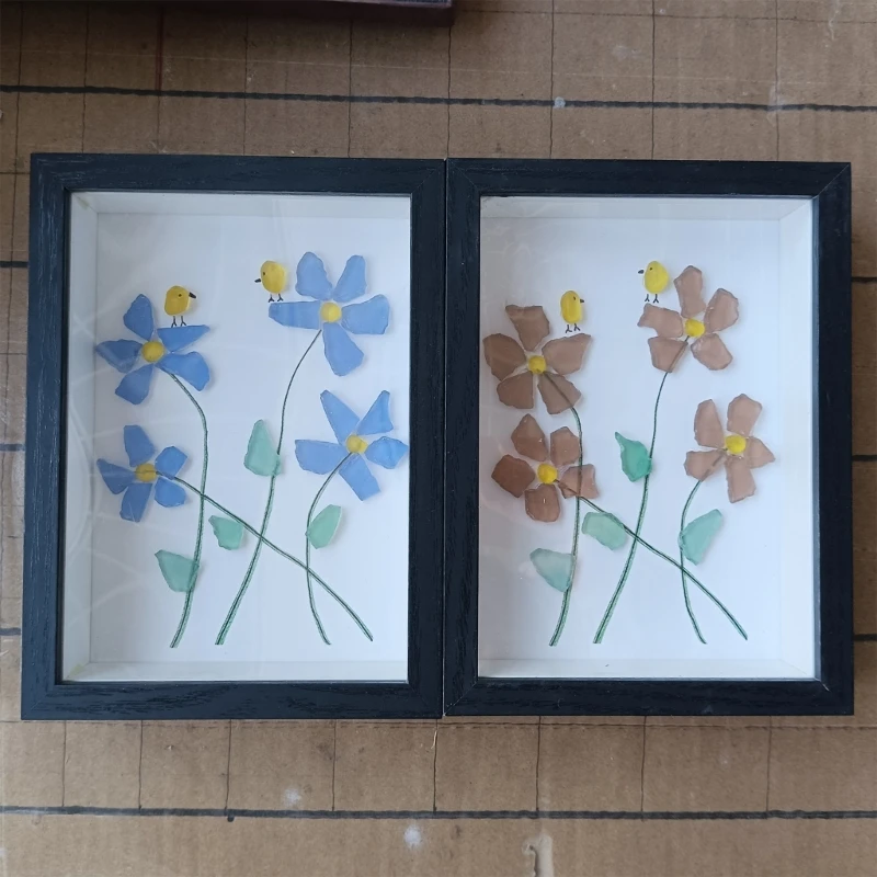 U2JC Handmade Sea Glass Artwork Forget Not Flower Birds Frame Table Art Decors Housewarmings Gift
