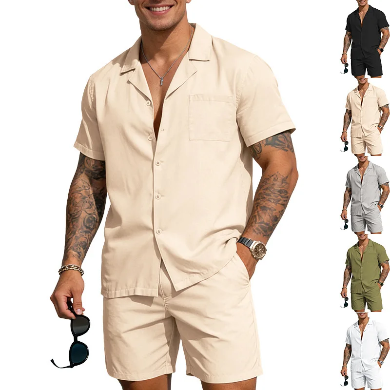 

2026 Summer New Design Solid Color Men's Large-Sized Loose Short-Sleeved Shorts Casual Suit