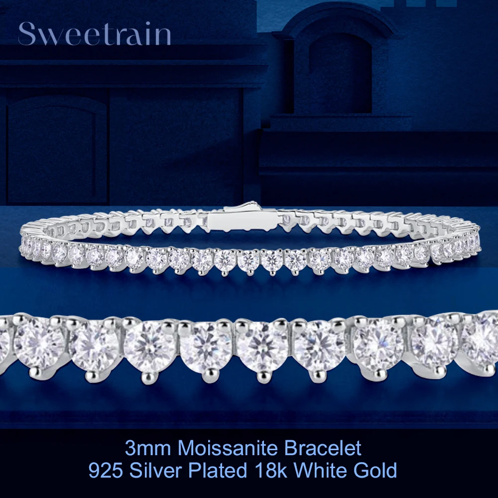 

Sweetrain 3mm Moissanite Tennis Bracelet for Women Silver 925 Original Certified Bracelet 18K White Gold Plated Bangle Femme GRA