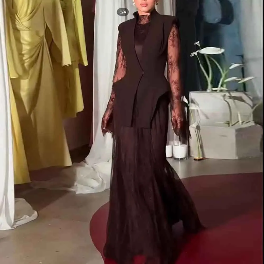 

Customized Lace Mermaid Formal Occasion Dress with Jacket High Neck Lace Sleeve vestidos de gala 2026 Long Soft Evening Gown