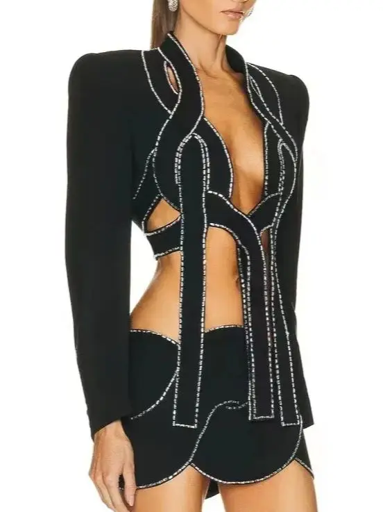 Neu angekommen Shinning Strass Sexy Langarm Aushöhlen Bandage Mini Kleid Frauen Nachtclub Party Feiern Geburtstag Tragen