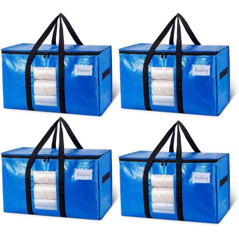 

Extra Large Moving Bags (4-Pack, Blue) - Heavy Duty with Visible Window, Wrap Handles, Space-Saving Alternative to Boxes