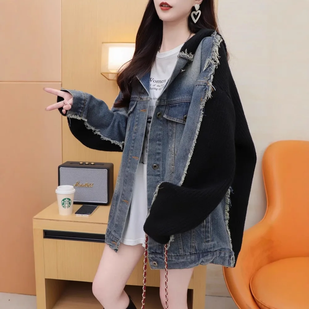 Cardigan Women Sweaters Coats Denim Splice Hooded Jackets Full Sleeve Jumpers Y2k Streetwear Elegant Knit Autumn Winter 2025