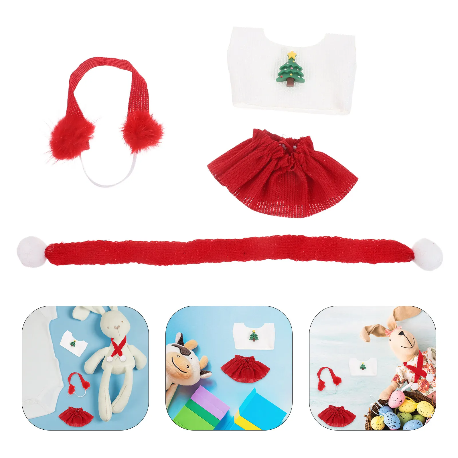 

1Set Christmas Clothes Pack Knitted Santa Outfit Skirt Scarf Earmuffs Holiday Dress Up Clothes Replacement Winter Apparel Set