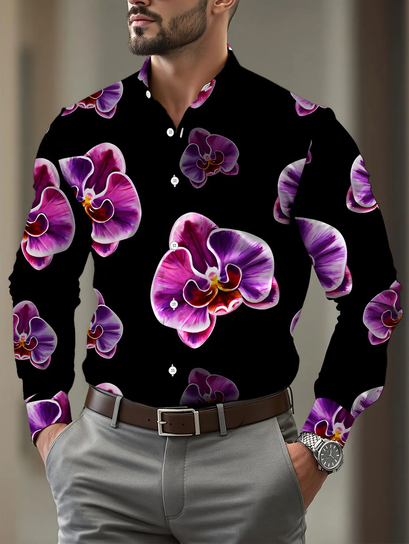 Men Long Sleeve Button Down Shirt Black Purple Orchid Floral Print Polyester Mandarin Collar Party Casual