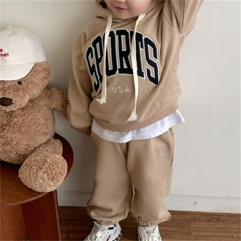 Children Autumn Outfit New Suit Boys and Girls Simple Korean Western Style Letters Hooded Sweater Leisure Sets Spring Autumn