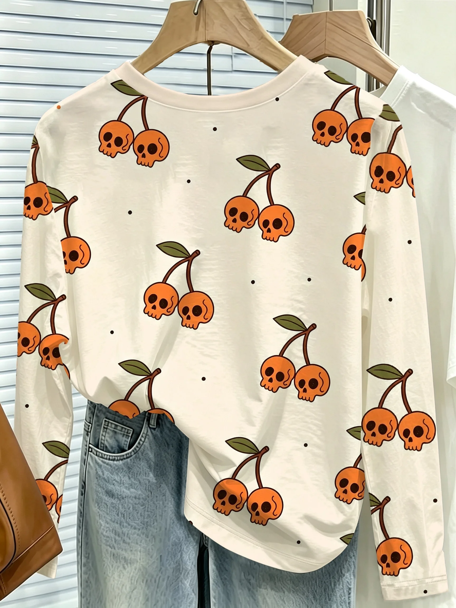 Women Long Sleeve Top Halloween Skull Cherry Print Crew Neck Autumn Festival Gift Casual Daily Wear Women's Clothes