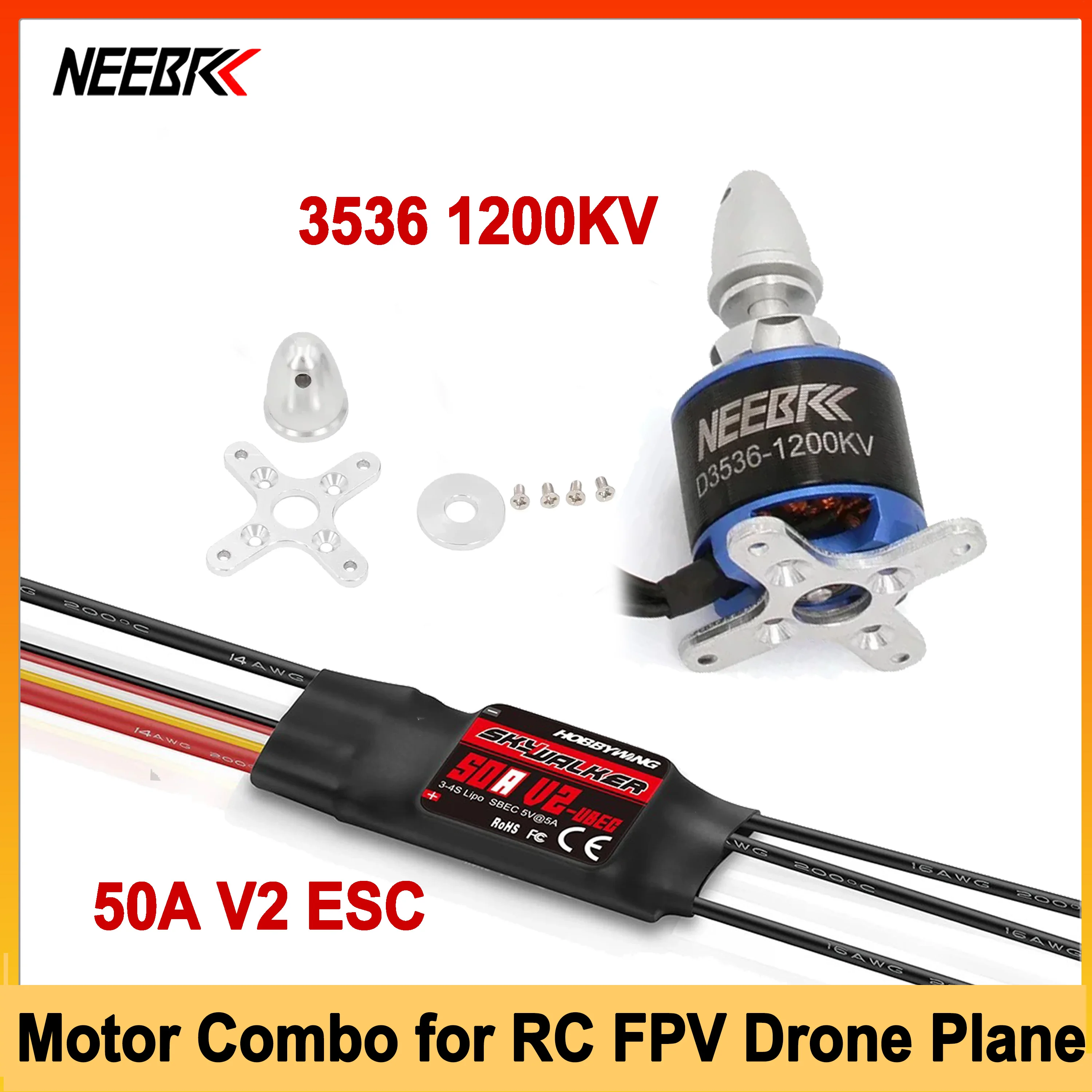

NEEBRC 3536 Brushless Motor 1200KV 50A V2 ESC Combo Speed Controller XT60 Plug for RC Fixed-wing FPV Drone Quadcopter Glider