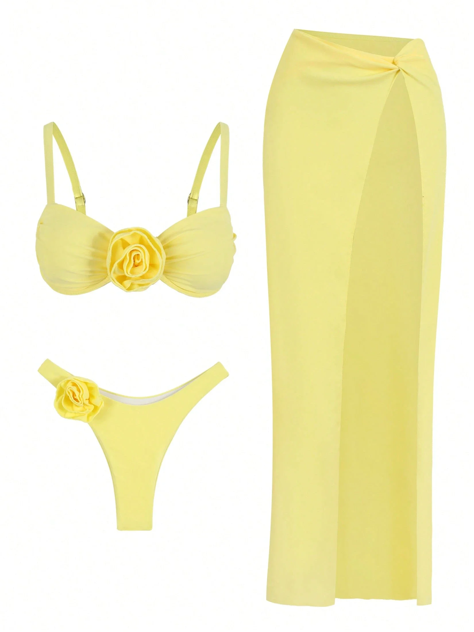 

Lemon Yellow 3-Piece Swimwear Set Featuring Rose Detail Bra, Thong, And Wrap Long Cover-Up Skirt