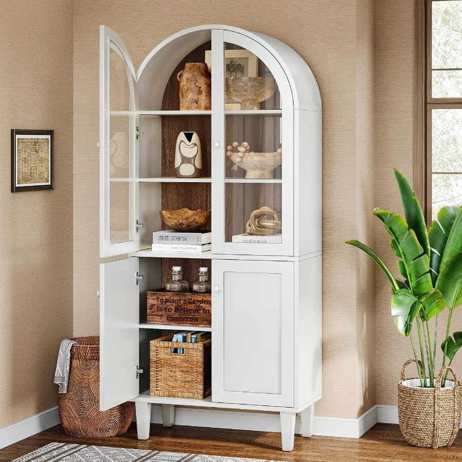 68 Tall Arched Bookcase White 5Tier Display Bookshelf with Doors and Adjustable Shelves Farmhouse Wooden Storage Cabinet Kitche