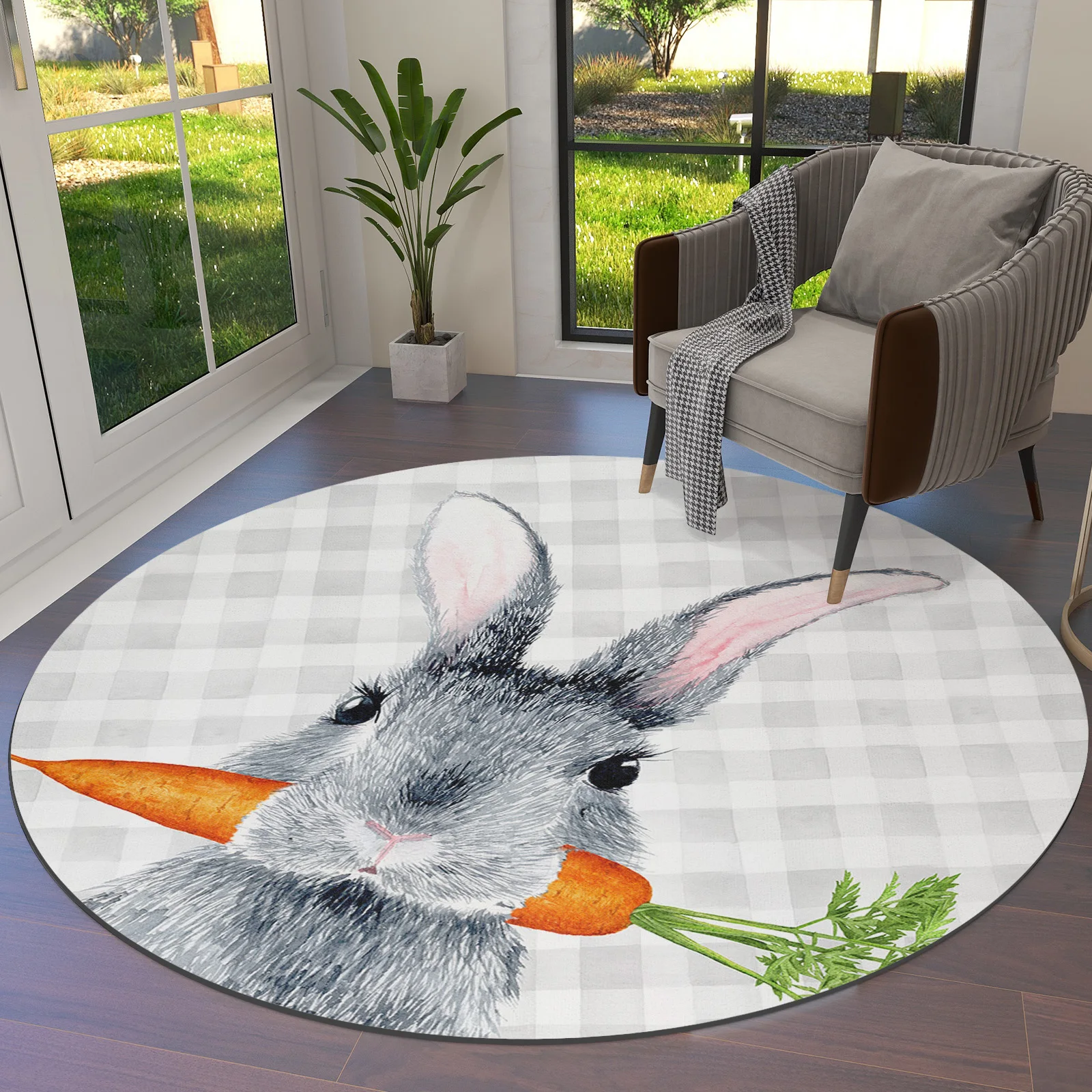 Easter Rabbit Carrot Country Plaid Round Area Rug Carpets For Living Room Large Mat Home Bedroom Kid Room Decoration