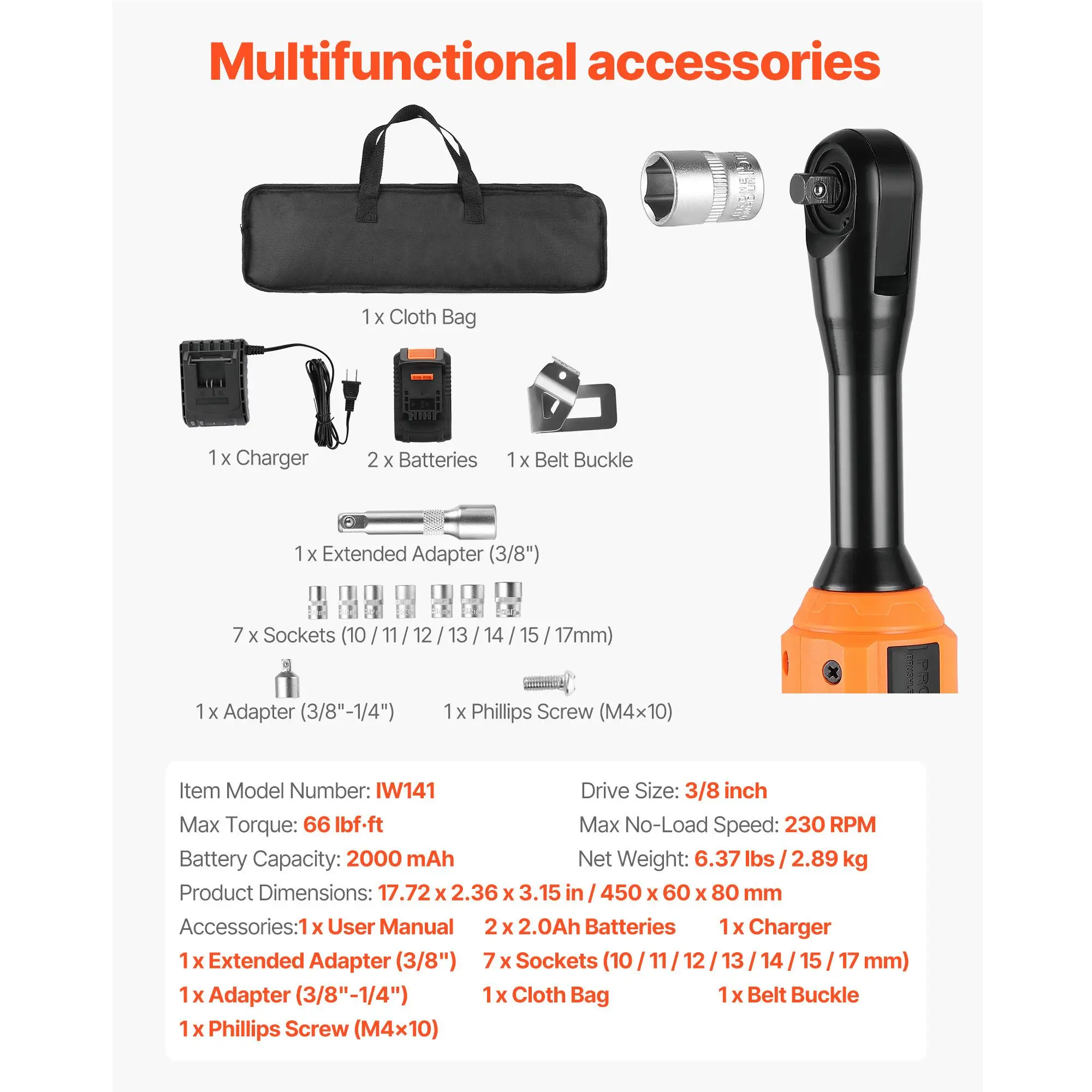 Cordless Ratchet Wrench, 3/8 Inch Drive, 230 RPM, up to 66 Ft-lbs of Torque, Battery Powered Electric Ratchet Wrench Set with