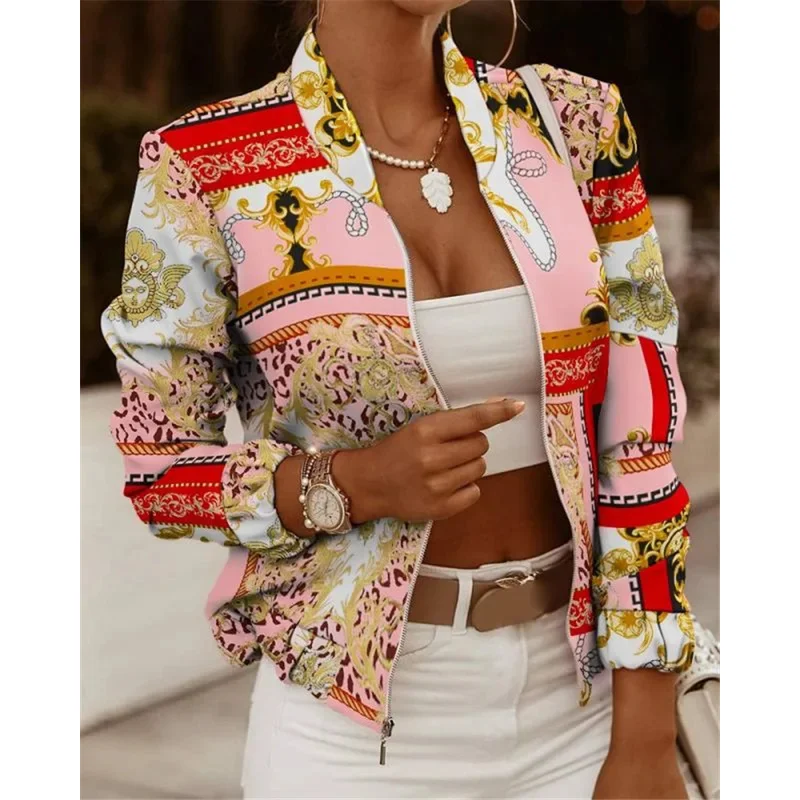 プリントボンバーバイカージャケット女性の春秋花柄カジュアル長袖ポケットストリートウェアコート女性ジッパースリムアウター