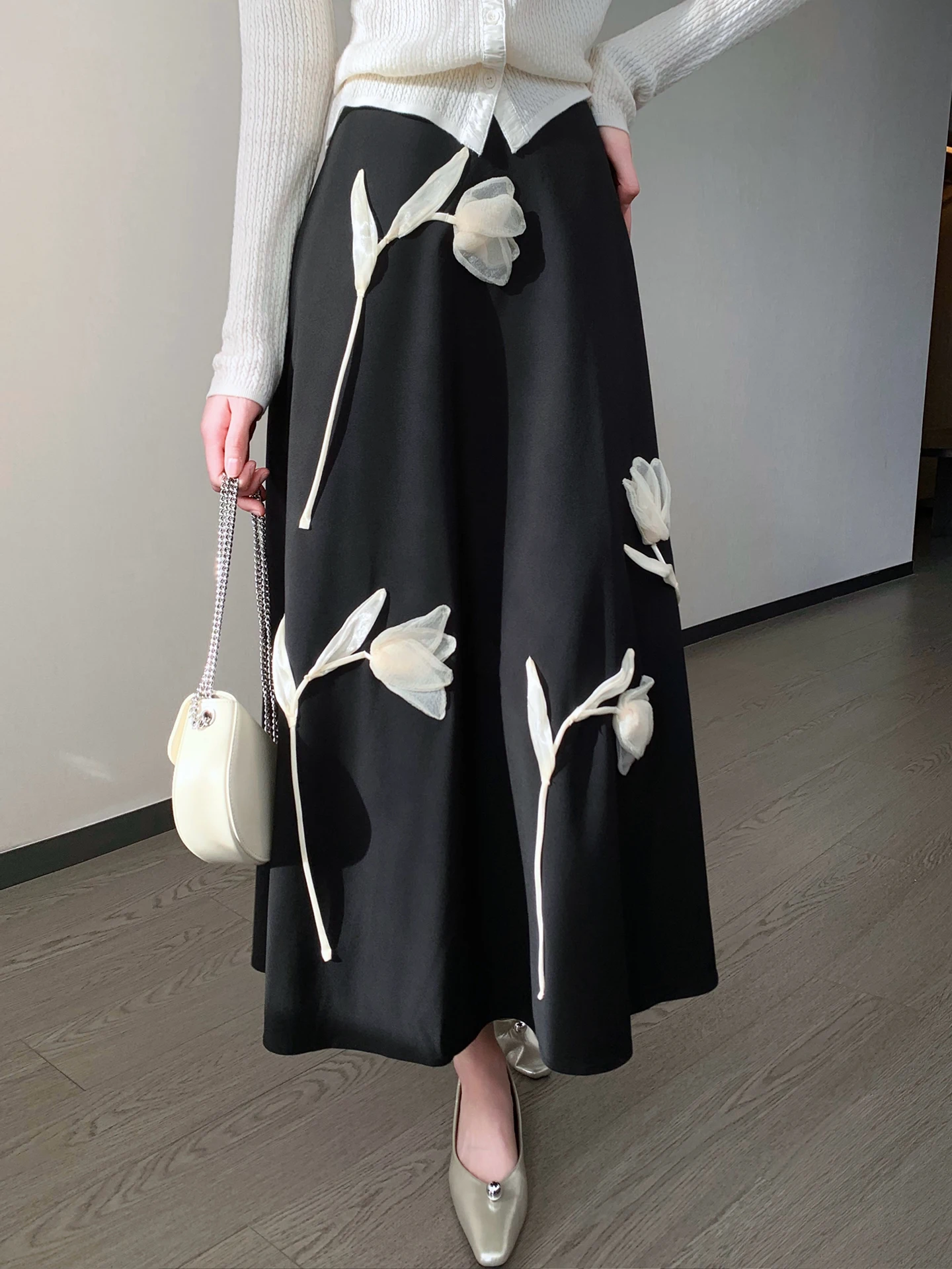 

Bla High Waist 3D Flower A-Line Skirt Women's Spring 2026 New Sle Slimming Midi Skirt Ele Ladylike Skirt