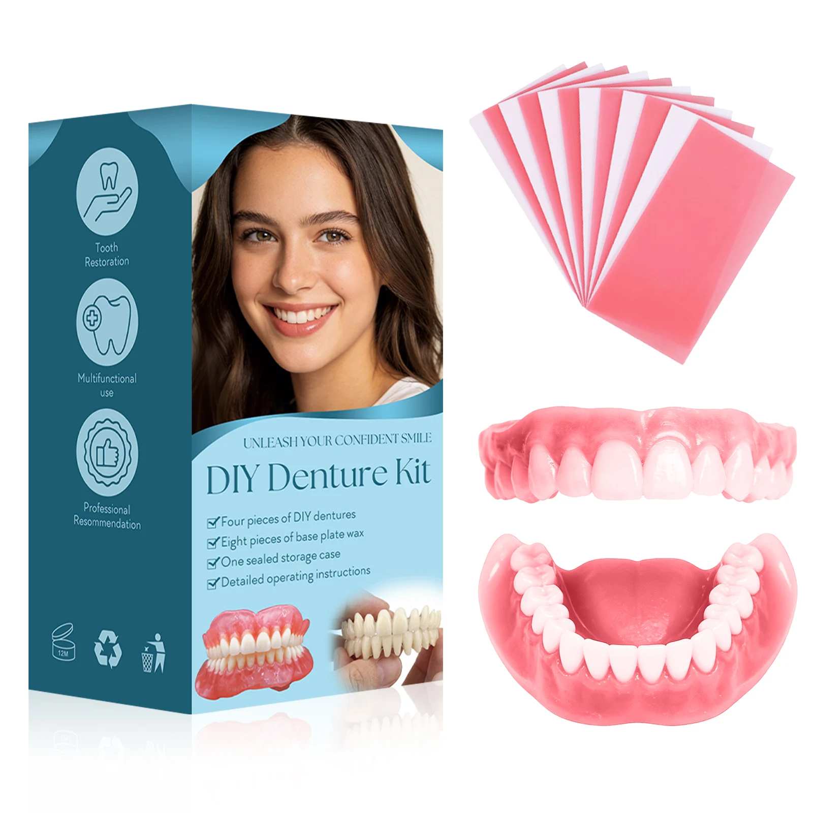 DIY Temporary Denture Kit with Upper Lower False Teeth Restoration Cosmetic Smile Gypsum Models Wax Sheets TeethOral Beauty Per