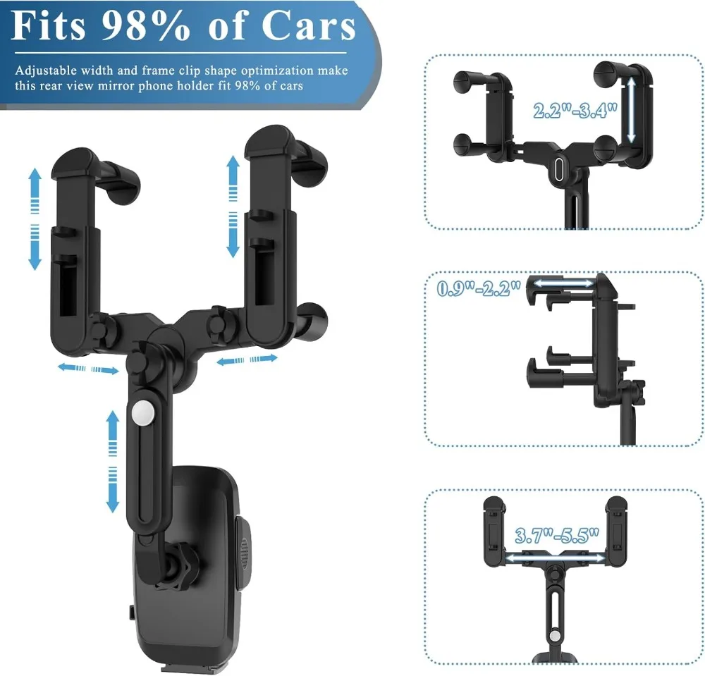 Car Phone Holder Mount, Rear View Mirror Phone Holder, Rotatable & Retractable, Fits 4-7 Inch Phones