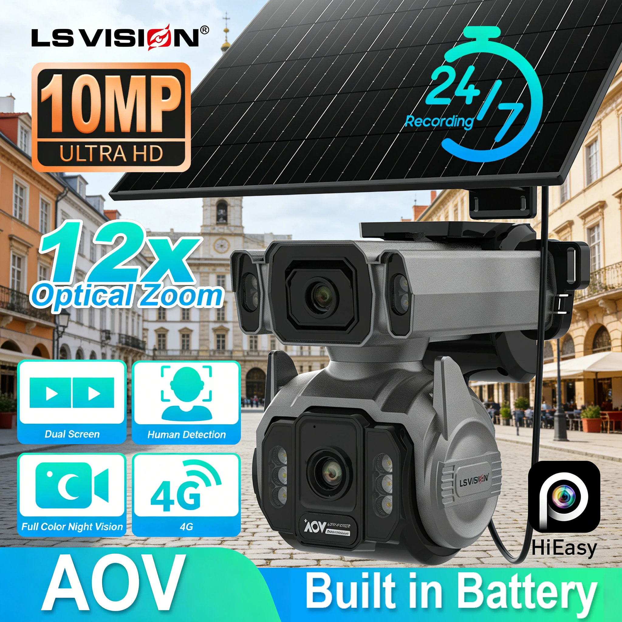 LS VISION AOV Outdoor Surveillance Camera 4G Cloud SIM Cctv Camera External 12X Optical Zoom Dual Lens Dual Screen PTZ Humanoid