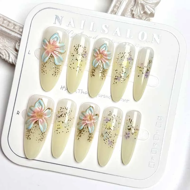 10Pcs Milk Yellow Floral Gentle Whitening Press on Nails Gilded Gradient Atmosphere Nail Patch Manicure False Nails Nail Art