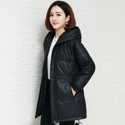 Black Slim Long Coat Windproof PU Leather Jacket Female Down Cotton Overcoat ThickWarm Parkas Winter Women Hooded Leather Coat