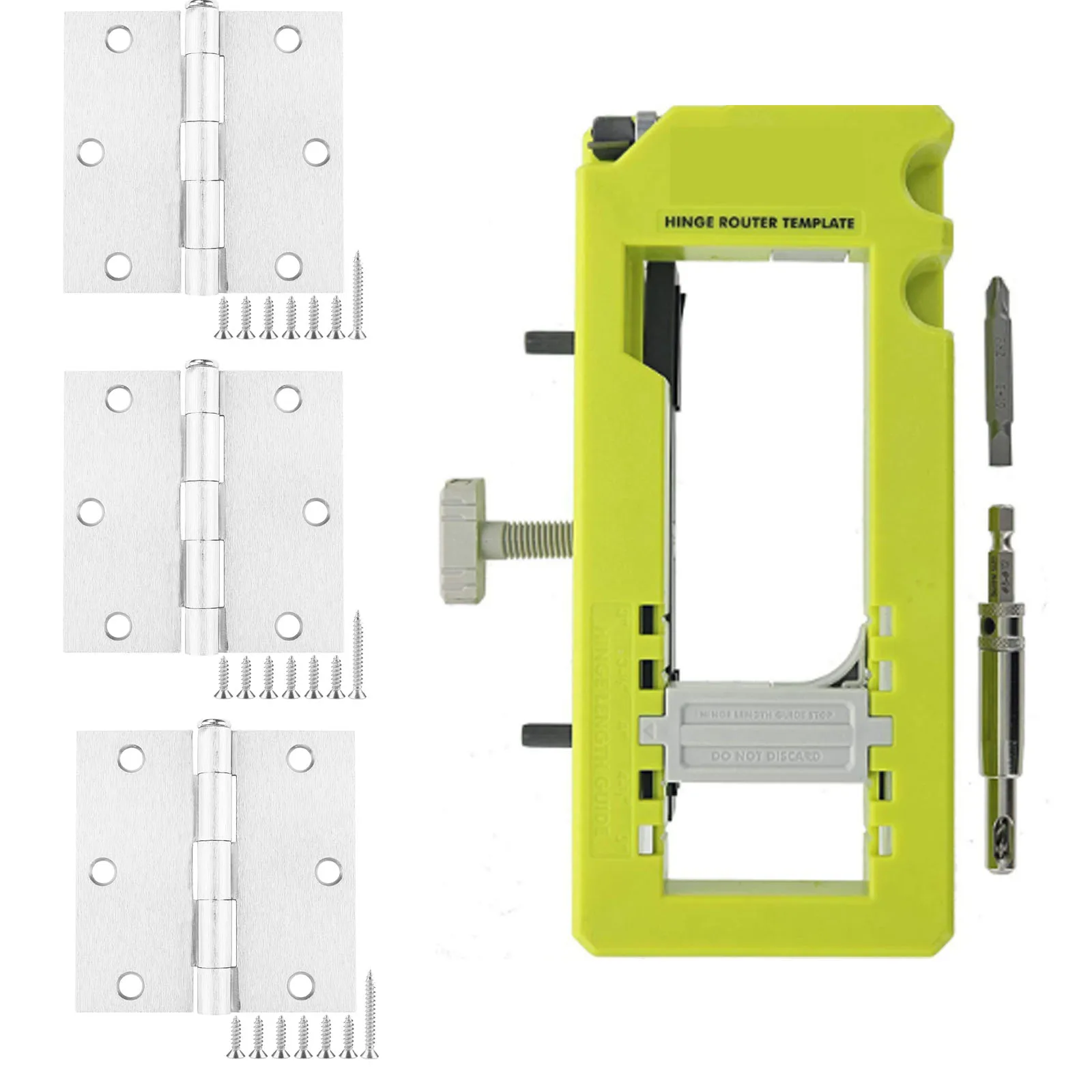 

Adjustable Mortise Jig with Brushed Nickel Door Hinges Installation Kit Fits 3In-5In Length and 1/4In Or 5/8In Thickness