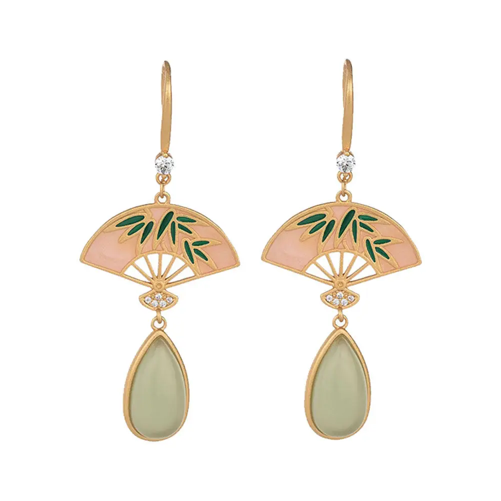 1Pair Palace Style Fan Shape Jade Earrings Delicate Classical Chinese Ear Drops Elegant Women Ear Pendant Decoration