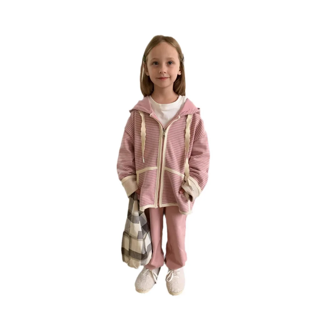 Korean Style Girls Sports 2‑Piece Outfit Set, Spring New Hooded Zip‑Up Jacket & Straight‑Leg Pants For Kids Girls