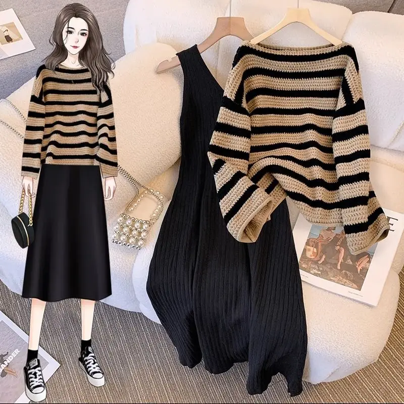 

Spring and Autumn Retro Slimming Outfits For Women New Fashion Age Reducing Knitted Stripe Sweater Dress Two Piece Suit