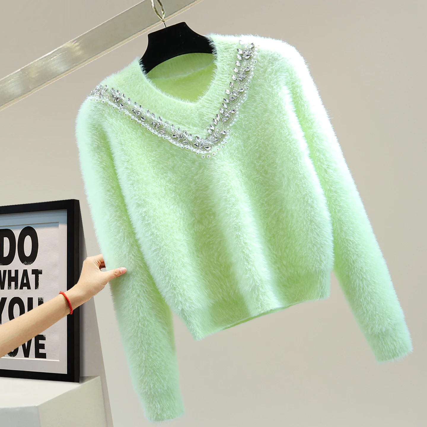 

Heavy Embellished Beaded V-Neck Sweater 2025 Autumn Winter High Waist Short Solid Color Mohair Pullover Knitwear, Green Pull