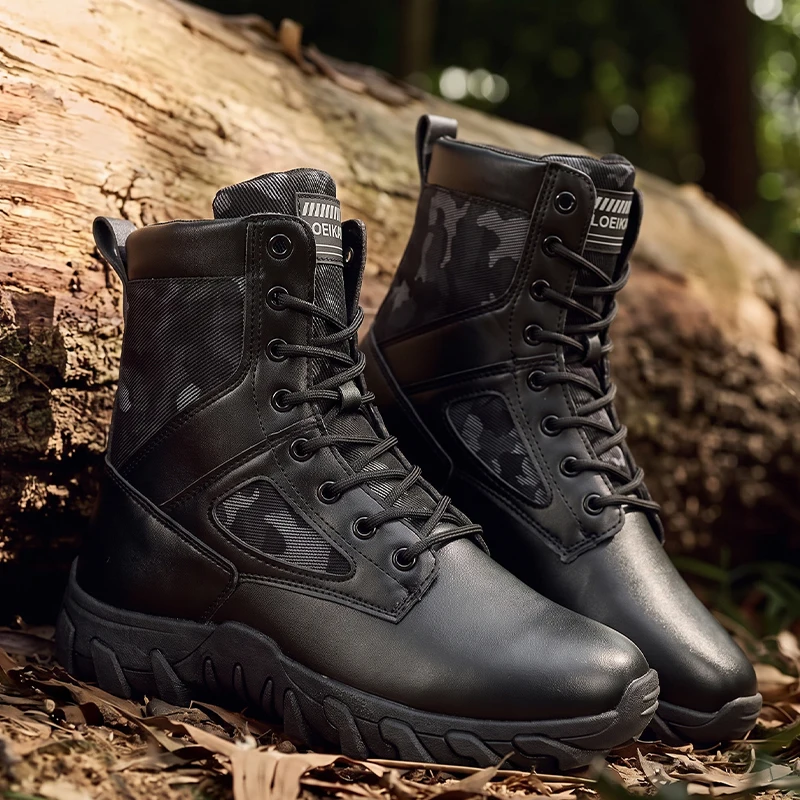 Men High‑top Casual Boots, Lace‑up PU Fabric Splicing Rugged Non‑slip Thick Sole Shoes For Daily Street Walking All Season