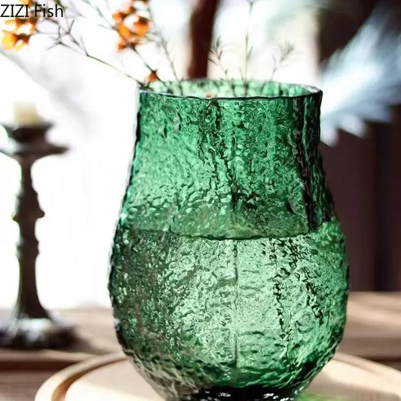 Green Wrinkle Glass Vase Artificial Flowers Decorative Flower Arrangement Desk Decoration Transparent Hydroponics Floral Vases