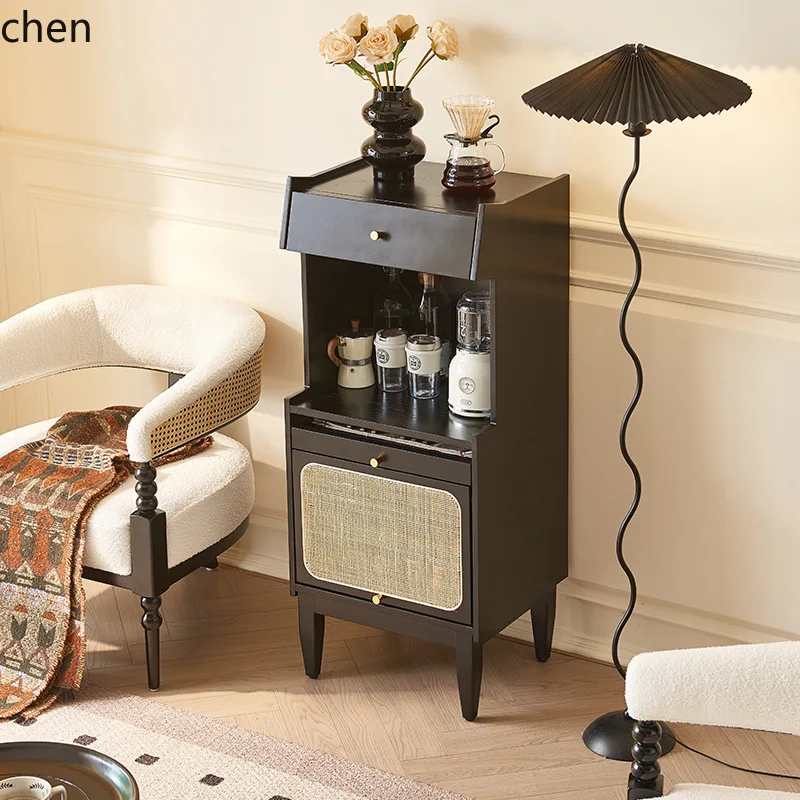 YFY   Wabi-Sabi Style Solid Wood Rattan Side Cabinet Simple Living Room Sofa Side Cabinet Creative Multifunctional Storage