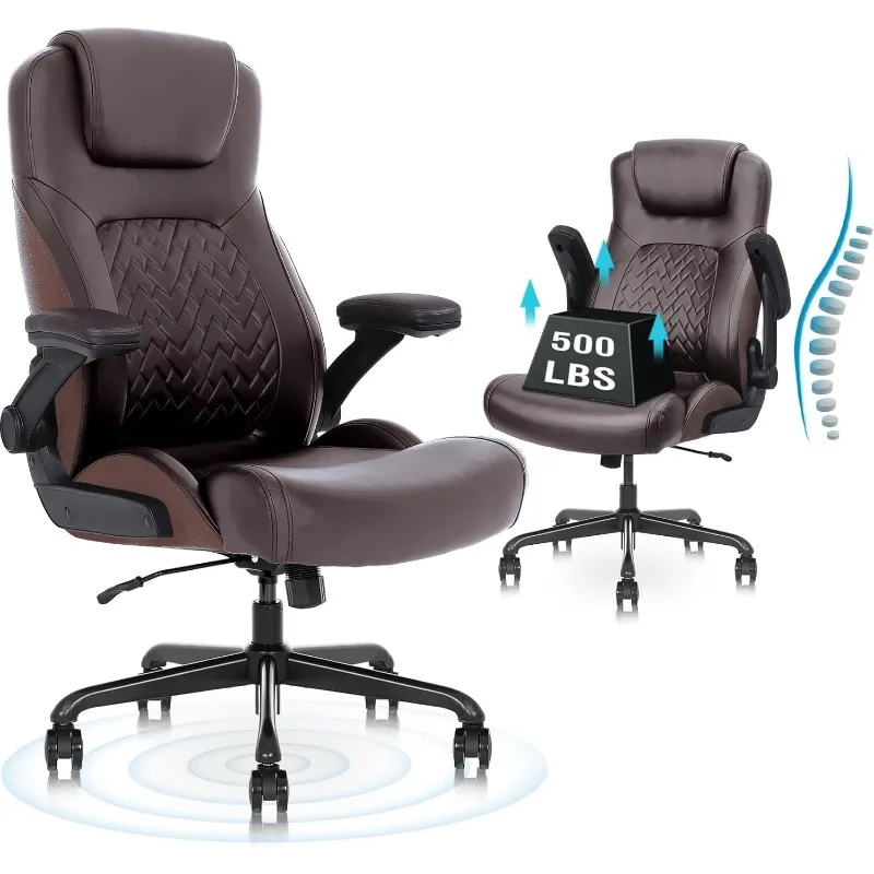 Big and Tall Office Chair for Heavy People, PU Leather Computer Desk Chair with Flip-up Armrest,