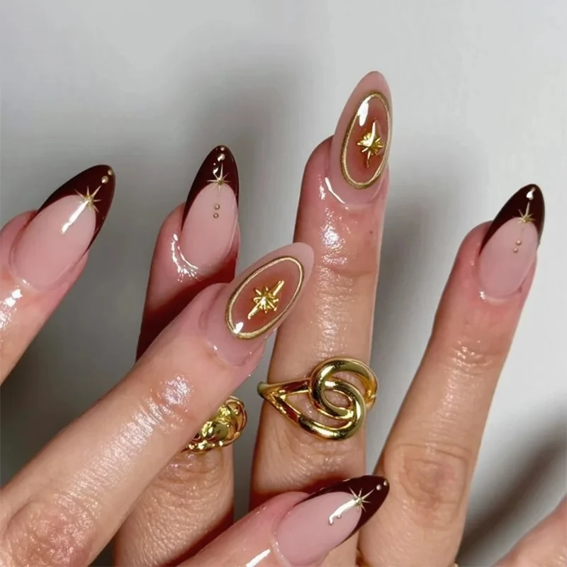 

Gold Metal Starburst Punk Stars Almond Fake Nails Art Glitter Long Pointed False Nails Moon Sun Heart Rhinestones Press on Nails