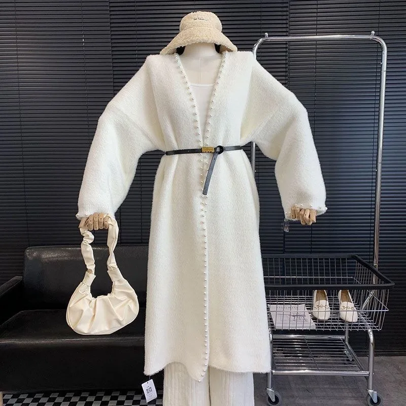 

Свитер, куртка, женская осенне-зимняя куртка средней длины, кардиган из бисера, свободный ленивый ветер выше колена, корейская версия, вязаное пальто