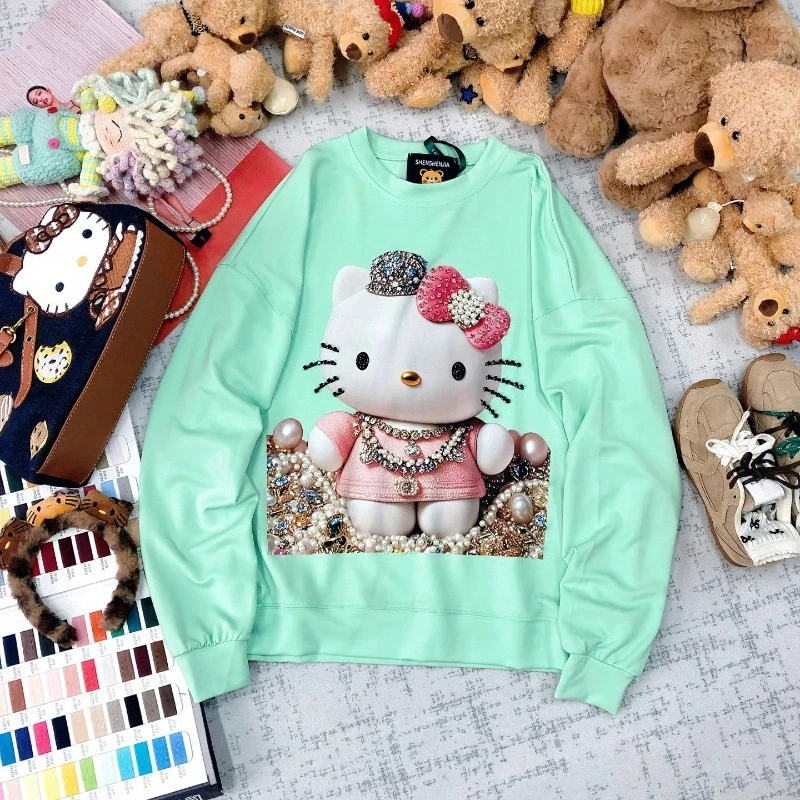 Korean Style Age-reducing Fashion Heavy Industry Bead Cartoon Printing Hoodies Loose And Thin New Long-sleeved Sweatshirts Women