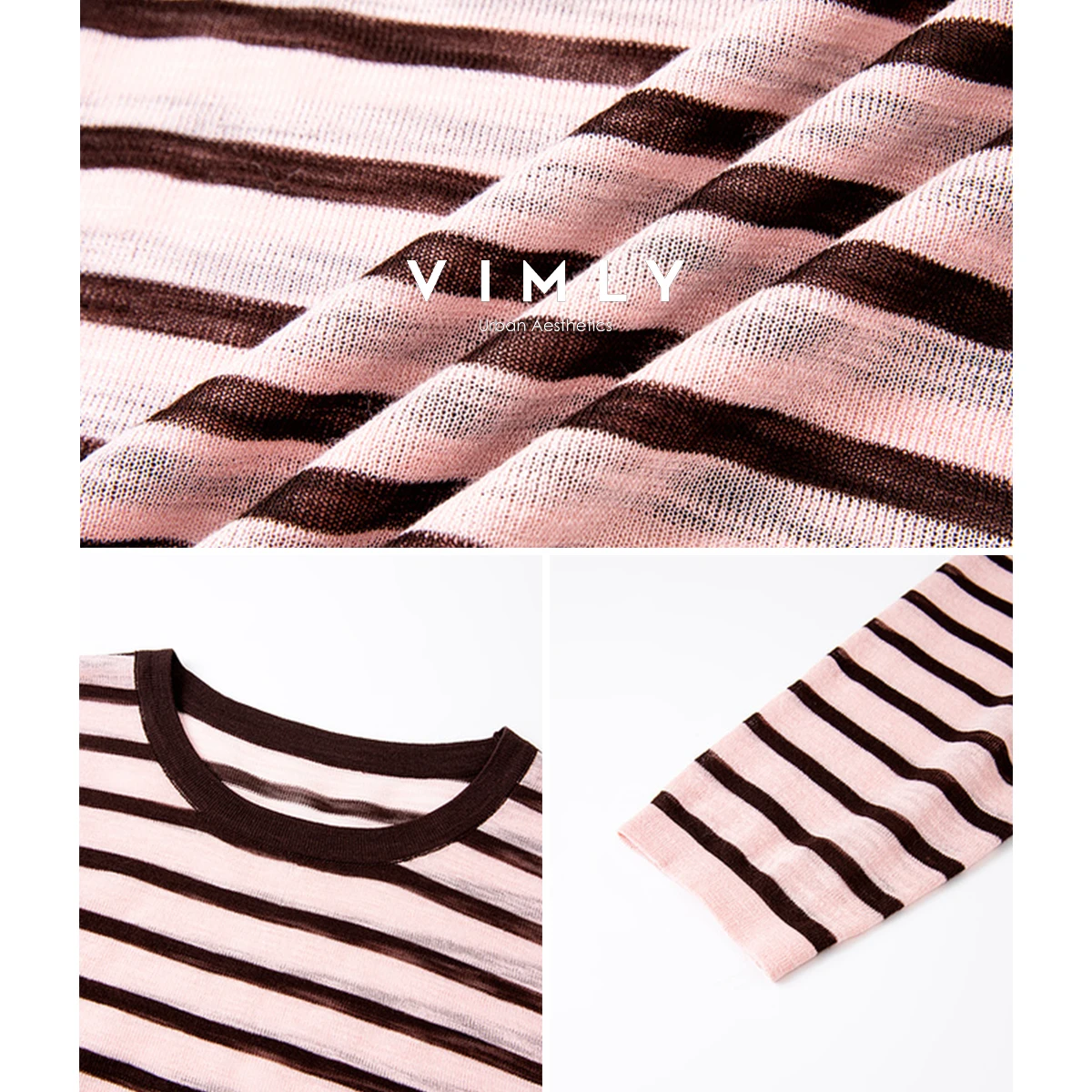 Vimly outono camiseta mulher 2025 listrado em torno do pescoço contraste cor feminina camisetas casuais de malha manga longa solta senhoras topos 75105