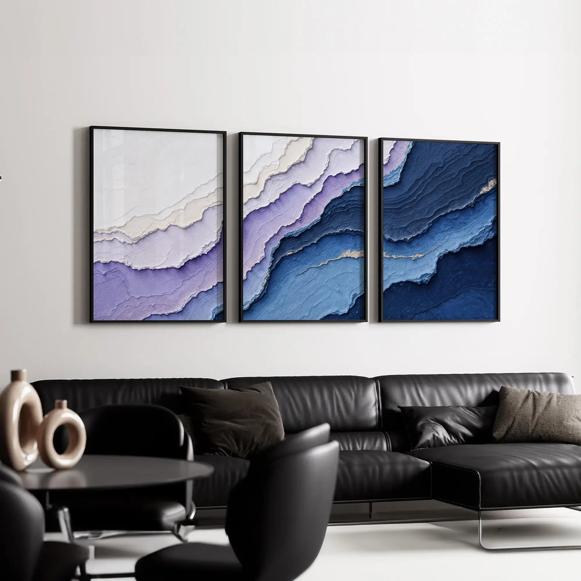 3Pcs Navy Blue Ocean Wave Wall Art, Textured Abstract Canvas Prints, Modern Triptych Decor for Living Room Interior Home