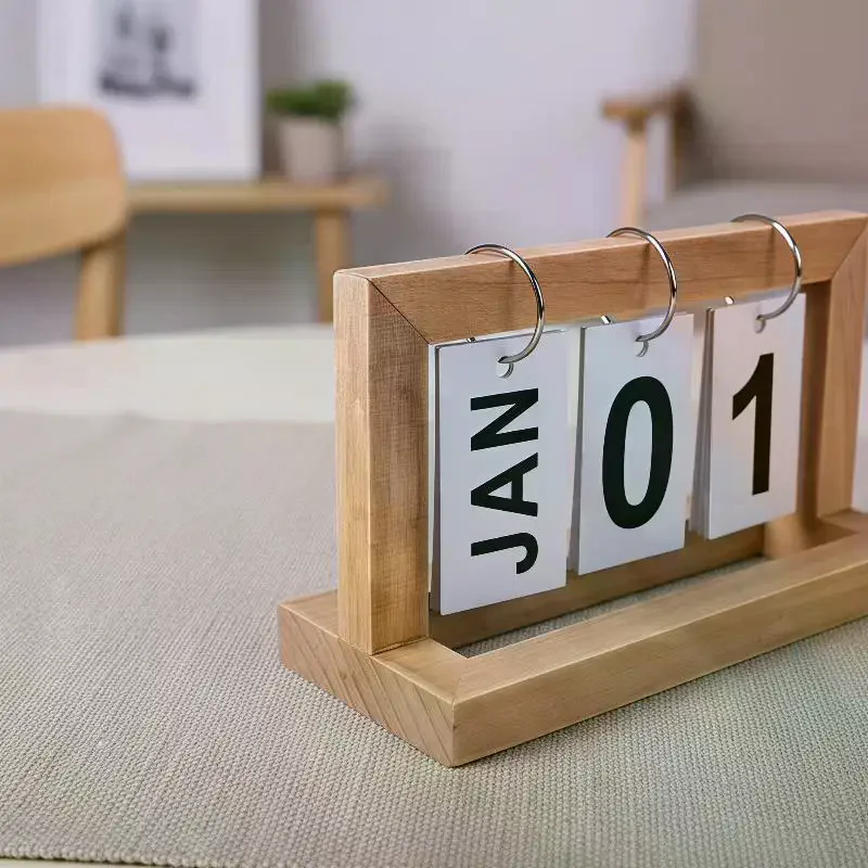 Wooden Perpetual Calendar Flip Month Date Display Desktop Schedule Daily Planner Office Home Decoration Photography Props