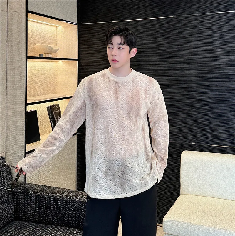 

Men Long Sleeve T-Shirts Korean Styles Micro Hollow Out Design Lazy Style Tie Dye Tee Shirt Sexy Nightclub Clothing