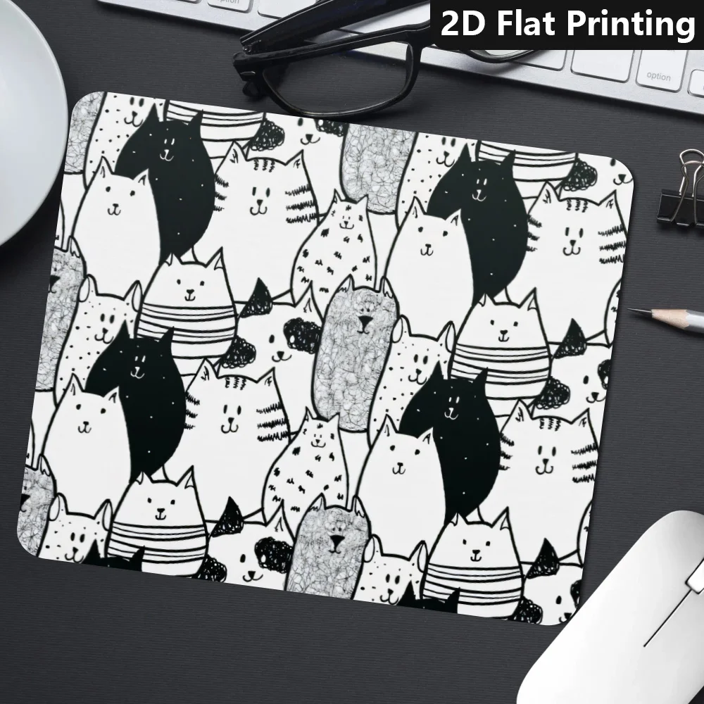 Small Mouse Pad, Non-slip, Stitched Edges, B&W Doodle Cat Stack Print, Mat for Office & Gaming