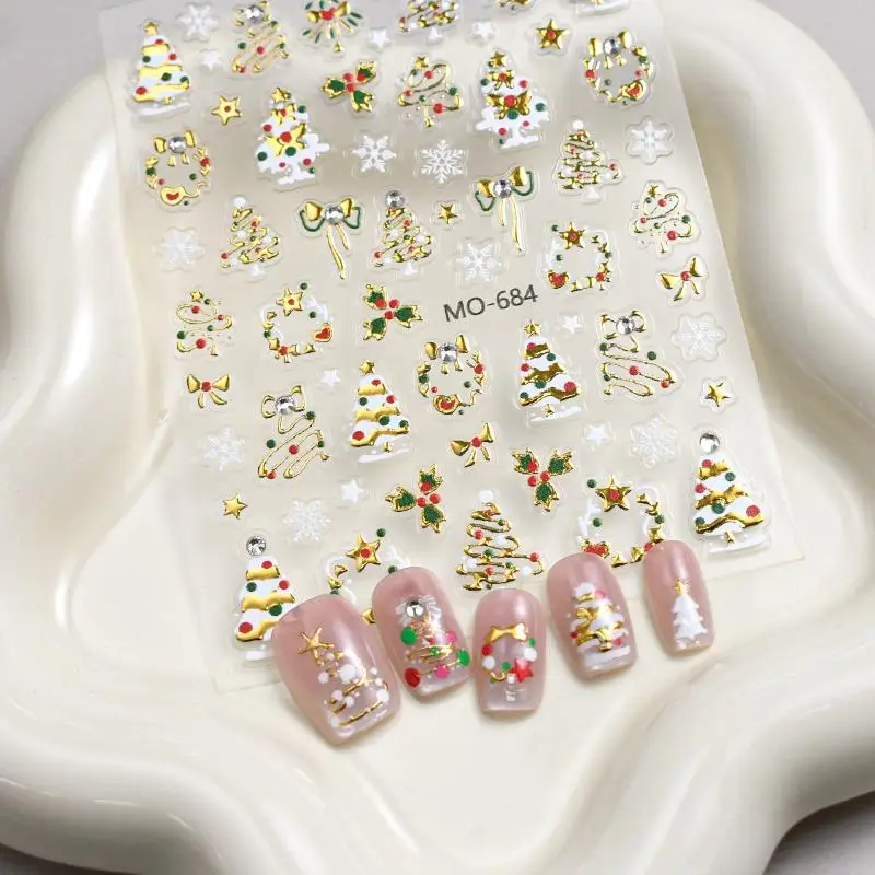 クリスマスネイルステッカー高級クリスタルダイヤモンド円形リーススノーフレーク裏面接着剤ネイルアートステッカー Diy 3d 爪の装飾