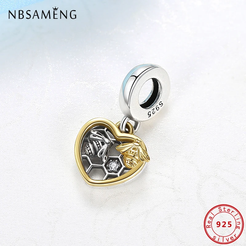 Original 100% 925 Sterling Silver Charm Heart Bee Gold Charms Beads Pendant Fit Pandora Bracelets Necklaces DIY Women Jewelry