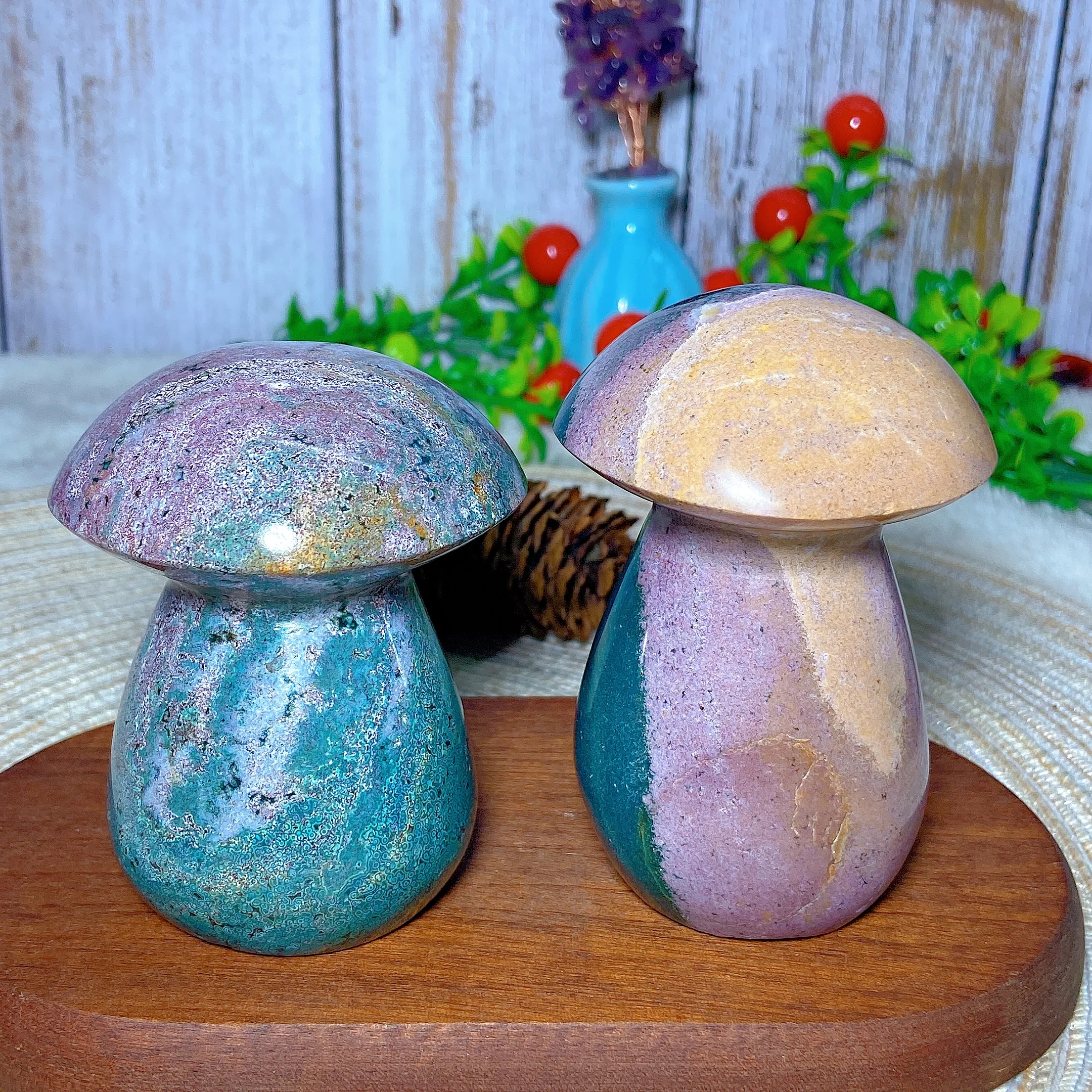 Natural Crystal Ocean Jasper Mushroom Carving Druzy Geode Gemstone Reiki Home Decorations Colorful Mineral Energy Gift Ore