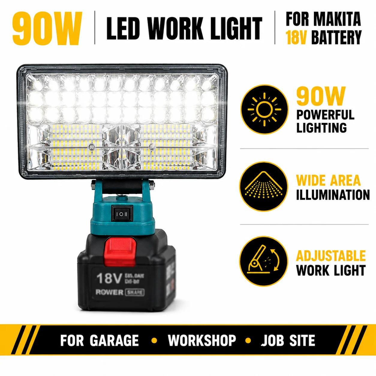 Battery Lamp 90W LED Work Light for Makita 18V Battery Portable Floodlight Job Site Lamp Workshop Garage Outdoor Lighting