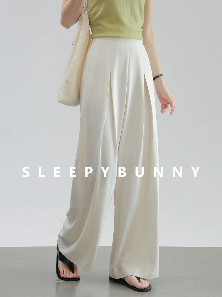 High Waist Wide Leg Striped Casual Pants for Women – Lightweight Summer Trousers with Pleated Front, Elastic Waist Relaxed Fit