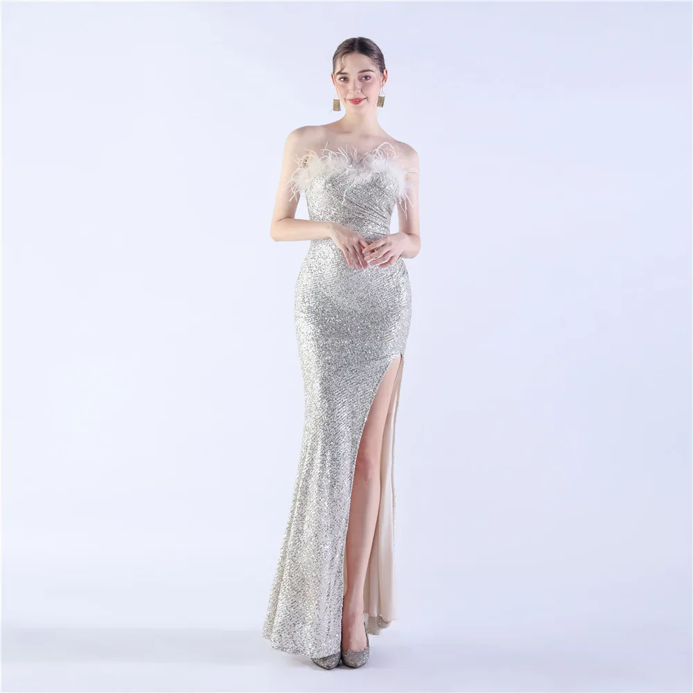 

Foreign trade Ostrich feather folding and Wrinkle technology host Dinner high-end evening dress Birthday sexy dress for women