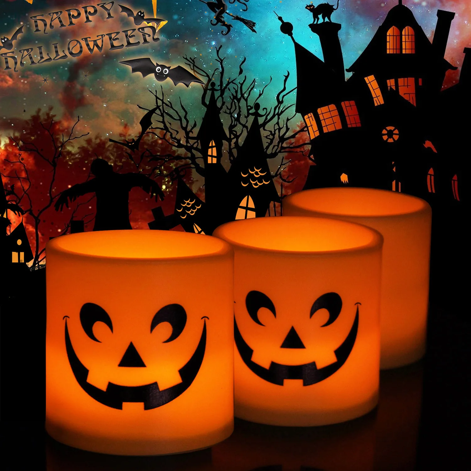 6Pcs Halloween Flameless Votive Candles Creepy Face Decal LED Realistic Tealight Candles for Halloween Home Decoration Kids Gift