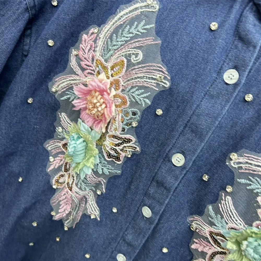 Conjunto de dos piezas de camisa de mezclilla suelta con flores bordadas con diamantes pesados + pantalones cortos de mezclilla-GZTZ071